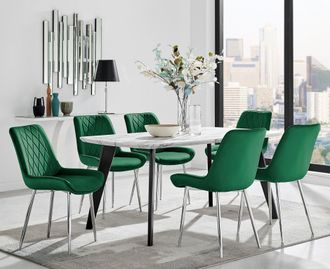 Furniturebox Andria Marble Effect Dining Table With Black Legs & 6 Pesaro Velvet Silver Leg Chairs in Green