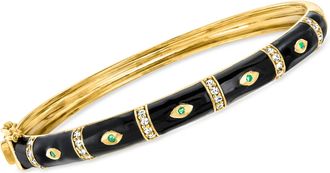 Ross-Simons White Topaz Evil Eye Bangle Bracelet With Emeralds and Black Enamel in 18kt Gold Over Sterling