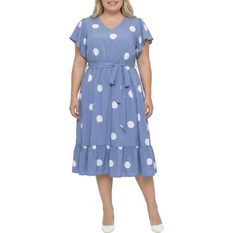 Standards & Practices Polka Dot Belted Midi Dress in Blue at Nordstrom, Size 3 X