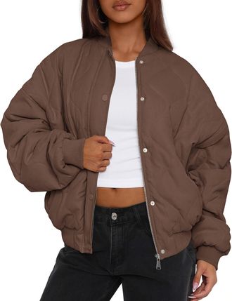 PrettyGarden Womens Quilted Bomber Jacket Fall Fashion 2025 Lightweight Cropped Zip up Outerwear Winter Puffer Coats Pockets, Brown, L