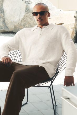 Alo | Textured Knit Long Sleeve Polo Top in Ivory, Size: Medium