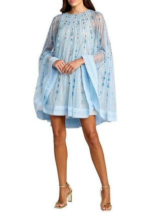 Mac Duggal Hand-Beaded Lace Trapeze Mini Dress with Sheer Cape Sleeves in Powder Blue Nude at Nordstrom, Size X-Large