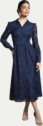 Wallis Floral Organza Belted Midi Dress in Navy at Nordstrom, Size 12