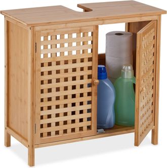 Relaxdays Relaxdays - Mueble De Ba&ntilde;o Bajo Lavabo, Armario Pila Hueco Para Sif&oacute;n, Puertas Estilo Rejilla Bamb&uacute;, 61x66x30 Cm, Natural