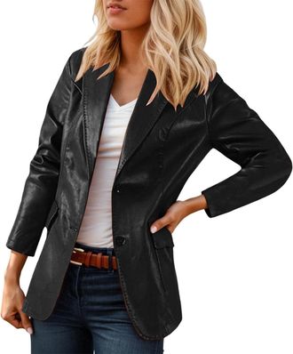 Generic Womens Faux Leather Blazer Jackets Women, Black Motorcycle Oversized Moto Biker Coat Pleather Fashion