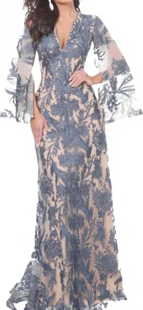Jovani Cape Sleeve Lace Dress In Navy/nude