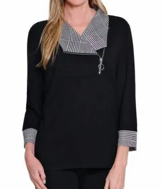 Multiples Plaid Cuffed 3/4 Sleeve Knit Top In Black