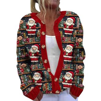 Generic Ugly Christmas Sweater Cardigans for Women UK 2024 Novelty Funny Xmas Jumpers Long Sleeve Button Up Cardigans Ladies Chunky Knitted Jumper Christmas T