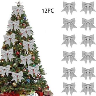 OEM Lazo Navide&ntilde;o De 12 Piezas, Decoraci&oacute;n Para &Aacute;rbol De Navidad, 12 X 11 Cm, Corona Roja, Lazo Brillante, &Aacute;rboles De Navidad, Plateado