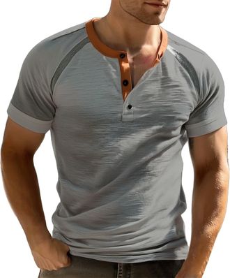 Generic Short Sleeve Shirts Men UK Summer Casual Button down Vintage Stylish Round Neck Henley T Shirt Classic Regular Fit Lighweight Breathable T Shirts Comf