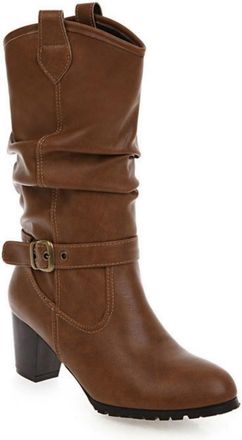 Generic Womens Lined Mid-Calf Boots with Block Heel, Fashionable Slouch Boots Made of PU Leather with Buckle Straps Round Toe Slip-On Shoes Autumn Winter Shoe