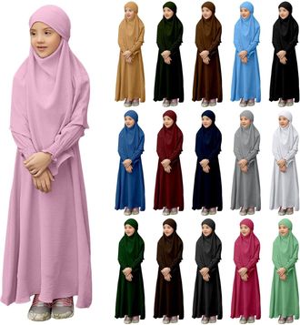 Generic Muslim Dress for Girls Islamic Prayer Abaya Long Sleeve Cardigan Kaftan Robe Dresses with Hijab Ramadan Dubai Outfits Childrens Kaftans Thobe for Kids