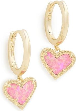 Kendra Scott Ari Heart Huggie Womens Earrings Earring Gold Pink Iridescent Glitter Glass, Brass