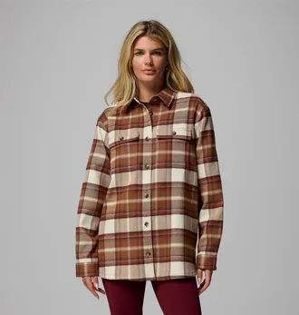 Columbia Blue Point Creek Shirt Jacket Womens Camel Brown Buffalo Check JAX10