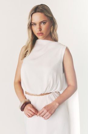 Six Stories Satin Drape Detail High Neck Top in Ivory at Nordstrom, Size 14
