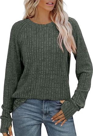 Generic Jumpers for Women UK Lightweight Soft Rib Knit Tops Basic Slim Fit Stretch Y2K T Shirts Spring Clothes Round Neck Long Sleeve Tshirts Cotton Basic Goi