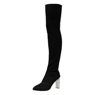 Generic Womens Knit over Knee Boots, Pointed Toe High Heel Thigh High Boots Ladies Ribbed Stretch Design, Pull on Style with Clear Block Heel and Soft Flexibl