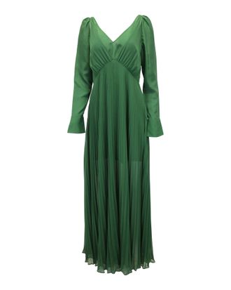 Self Portrait Pleated V-Neck Gown in Green Polyester