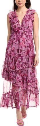Marchesa Pleated Chiffon V-Neck Maxi Dress