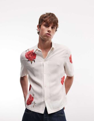 AllSaints Fleur Fazed - Camicia a maniche corte in misto lino bianca con stampa di fragole-Bianco
