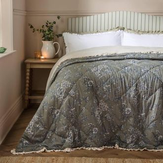Wylder Hermione Ruffled 100% Cotton Floral Bedspread in Green | Size: King