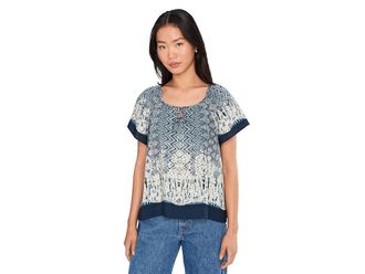 Liverpool L.A. Short Sleeve Woven Top With Front Tie Detail Womens Clothing Nomad Ikat Print : LG, Viscose