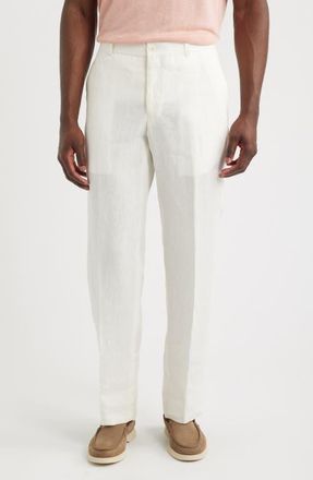 Berle Flat Front Slub Linen Chambray Dress Pants in White at Nordstrom, Size 40