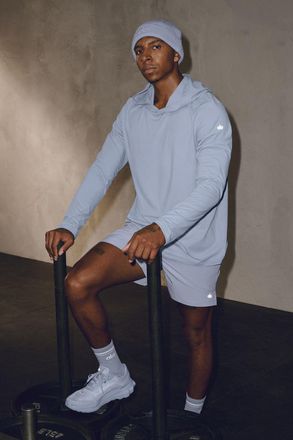 Alo | Conquer Reform Long Sleeve With Hood Top in Winter Frost Blue, Size: 2XL