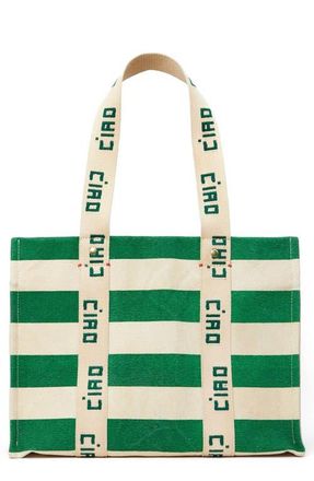 Clare Vivier Noemie Stripe Cotton Canvas Tote in Palm Green /canvas Stripe at Nordstrom