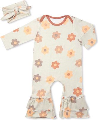 Everly Grey Ruffle Romper & Head Wrap Set in Daisies at Nordstrom, Size 12-18M