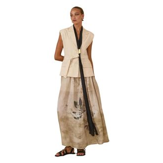 Souvenir Lange Jurk Model Sopra Giacca - Dames - Maxi kleedjes - Beige - M - Polyester - Kleedjes