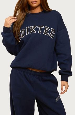 Edikted Major Logo Embroidered Sweatshirt in Navy at Nordstrom, Size X-Large
