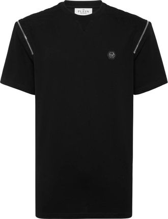 Philipp Plein Tops, Heren, Zwart, L, Katoen, T-shirt met ronde hals en ritsen op de mouwen