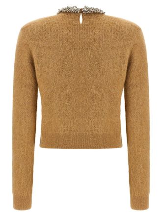 Self Portrait Jewel-Embroidered Crew Neck Sweater - Camel