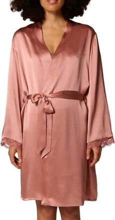 Simone P&eacute;r&egrave;le Love Me Lace Trim Silk Blend Robe in Smokey Pink at Nordstrom, Size Small
