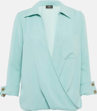 Elisabetta Franchi Blue Crepe Plunking Neck Blouse