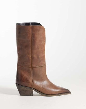 Asos Cael - Stivaletti stile western premium in pelle marrone brunita