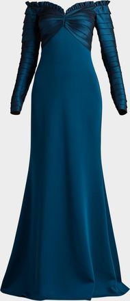 Tadashi Shoji Off-Shoulder Pleated Taffeta and Crepe Gown