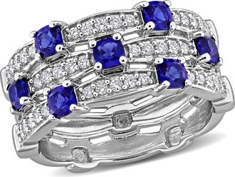 Mimi & Max 1ct TGW Created Blue Sapphire 1/3ct TW Lab-Grown Diamond 3-Row Ring Sterling Silver