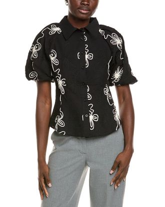 Gracia Flower Stitch Puff Sleeve Shirt