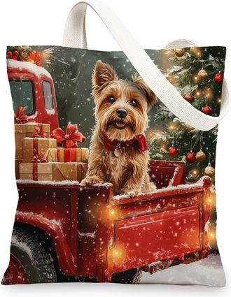 Generic Christmas Norfolk Terrier Dog Canvas Tote Bag for Shopping 13x15, Winter Xmas Truck Puppy Reusable Grocery Print Pattern Bag for Women, Happy New Year