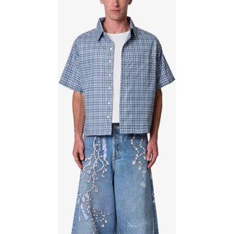 mnml Plaid Poplin Cropped Short Sleeve Shirt in Blue at Nordstrom, Size Xx-Large