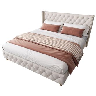 STILVORA Cama Tapizada 140 X 190 Cm De Lino, Cama Doble Con Cabecero Con Tachuelas, Sin Colch&oacute;n, Beige