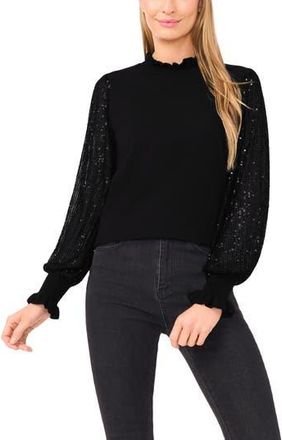 CeCe by Cynthia Steffe Sequin Sleeve Mock Neck Sweater in Rich Black at Nordstrom Rack, Size Medium
