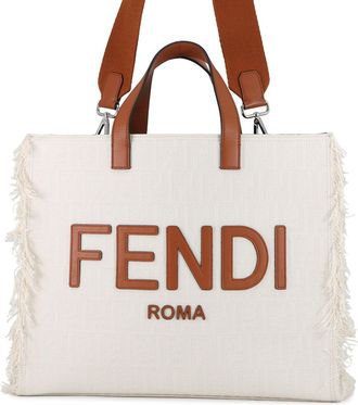 Fendi Brown White Canvas Leather Shoulder Bag Tote Bag (Pre-Owned)