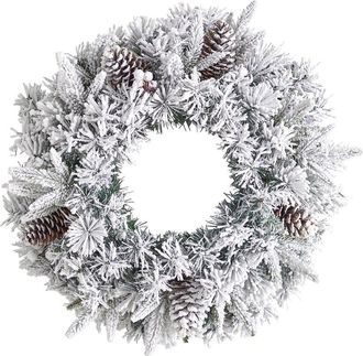 Nearly Natural 20In. Flocked Artificial Christmas Wreath With 35 Warm White Led Lights