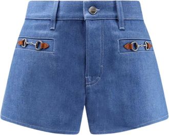 Gucci Korte Broeken, Dames, Blauw, W26, Katoen, Katoenen Shorts Met Iconische Horsebits aan de Voorkant