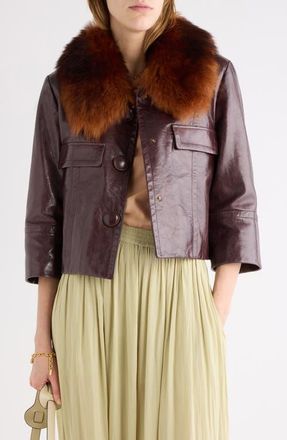 Chlo&eacute; Calfskin Leather Jacket with Genuine Shearling in Dark Purple at Nordstrom, Size 36