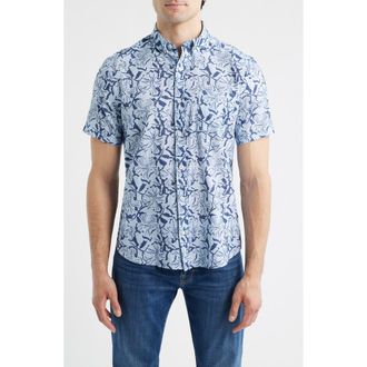 Johnston & Murphy Hampton Stretch Cotton Short Sleeve Button-Up Shirt in Blue Hibiscus at Nordstrom, Size Xxx-Large