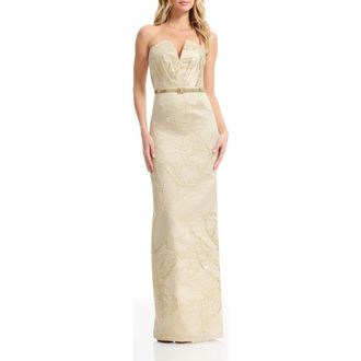 Dress The Population Kahlani Metallic Floral Jacquard Strapless Column Gown in Champagne Multi at Nordstrom, Size Xx-Large